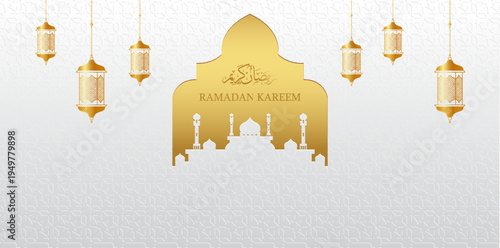 Ramadan Kareem gold mosque icon with lanterns vector