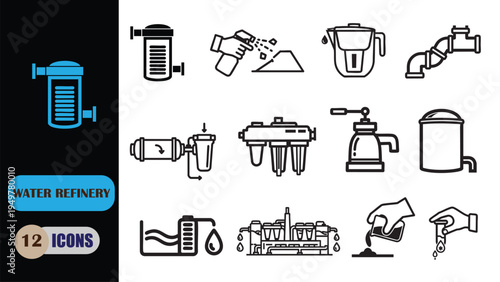 A collection of twelve simple black and white icons representing various water refinery processes