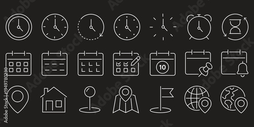Time, date and address line icons set. calendar, clock, gps point, flag point, globe point Containing hourglass, pin, stopwatch. Editable stroke for mobile and web. Isolated on white background