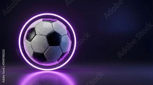 Soccer ball with purple neon light glow on dark background. Modern football technology style concept for sports banners and tournament promotion.