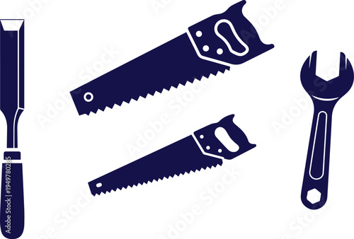 A comprehensive collection of dark blue flat icons representing various construction equipment and home maintenance tools for professional building and DIY projects