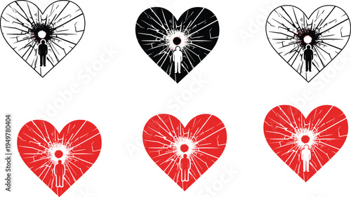 Broken Heart Silhouette Vector Set, Shattered Glass Effect with Human Figure, Emotional Pain and Mental Health Concept Graphics, Heartbreak Illustration.