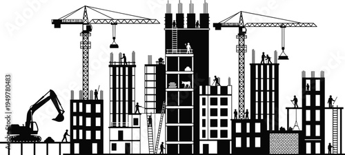 City construction skyline silhouette with tower cranes, excavator and workers building modern urban buildings, infrastructure development and civil engineering project concept