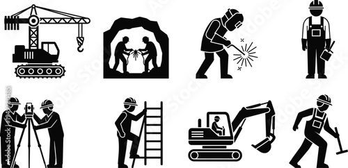 Construction and engineering worker silhouette icon set with crane, excavator, welder, surveyor and builder, industrial labor and infrastructure development concept illustration