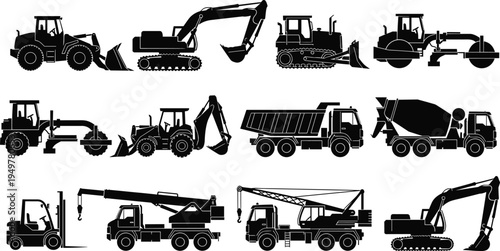 Construction machinery silhouette set with excavator, bulldozer, dump truck, crane, forklift and road roller, heavy equipment collection for industrial engineering and building work