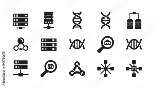 Science icons depict DNA, molecules, servers, and testing equipment in a lab setting closely.
