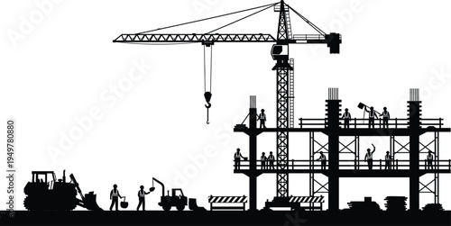 Construction site silhouette with tower crane workers and heavy machinery building concrete structure urban infrastructure development engineering industry concept isolated on white background