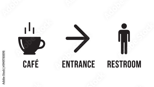 A directional sign points to a cafe and restroom entrance with icons.