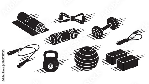 A variety of gym equipment including dumbbell, kettlebell, and jump rope on display.