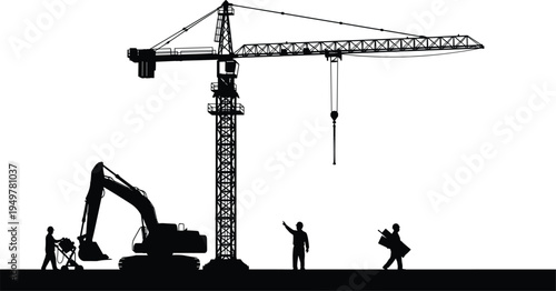 Construction site silhouette with tower crane, excavator and workers performing building and road work, heavy machinery and civil engineering infrastructure development concept