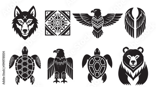 Black and white illustration of various animal silhouettes including wolf, eagle, bear, turtle, and geometric designs.