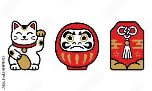 Japanese Lucky Charms Beckoning Cat Daruma and Omamori Amulet Set