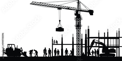 Construction site silhouette with tower crane, excavator, bulldozer and workers building structure, heavy machinery and civil engineering infrastructure development concept
