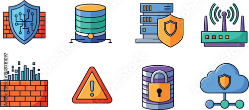 Cyber Security and Network Protection Icon Collection Featuring Database Lock, Firewall Wall, Warning Alert, Secure Cloud, Router Signal and Digital Shield