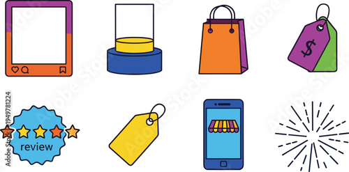 E Commerce and Online Shopping Icon Collection Featuring Product Frame, Price Tags, Shopping Bag, Customer Review Badge, Mobile Store App and Discount Labels