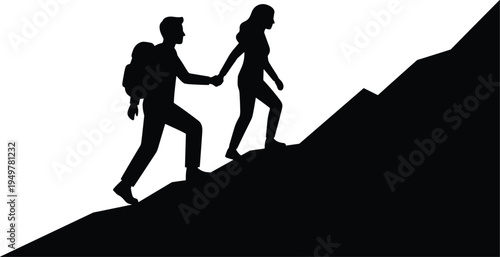 Couple hiking mountain silhouette, man helping woman climb steep trail, teamwork adventure travel concept, outdoor trekking vector illustration design
