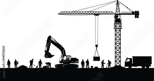 Construction site silhouette with tower crane, excavator, workers and dump truck building infrastructure, heavy machinery and labor team on industrial engineering project