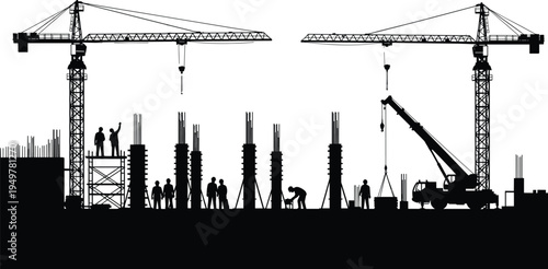 Construction site silhouette with tower cranes, workers and lifting truck building reinforced concrete columns, civil engineering infrastructure development and industrial building project concept