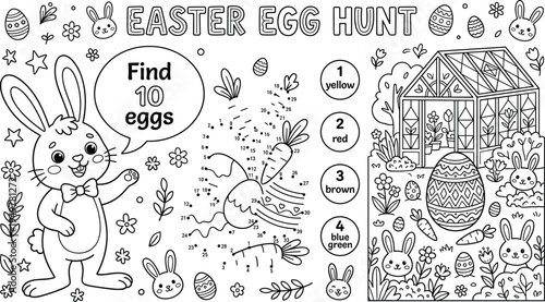 Easter egg hunt coloring activity page, cute bunny, eggs search game, kids holiday puzzle worksheet, spring garden illustration line art