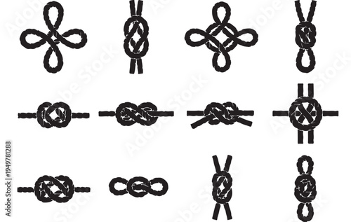 Rope Knots Set, Nautical Knot Symbols Collection, Marine Sailing Knot Vector Illustration.