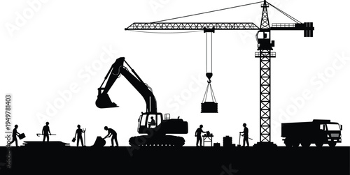 Construction site silhouettes with tower crane, excavator, workers and dump truck, heavy equipment and labor team building infrastructure on industrial engineering project