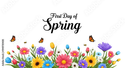 Colorful floral illustration celebrating the first day of spring with blooming flowers and butterflies on a white background.