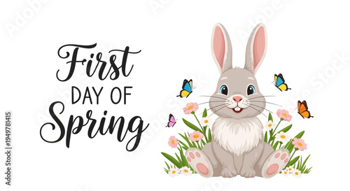 Illustration of a cheerful bunny surrounded by blooming flowers and butterflies on the first day of spring with a floral background and vector design elements.