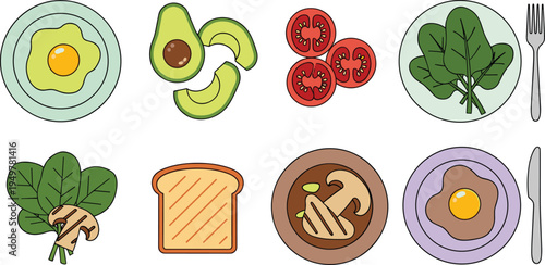Healthy Breakfast and Fresh Food Ingredient Icon Collection Featuring Fried Eggs, Avocado Slices, Tomato, Spinach, Toast Bread and Mushroom Meal Plates