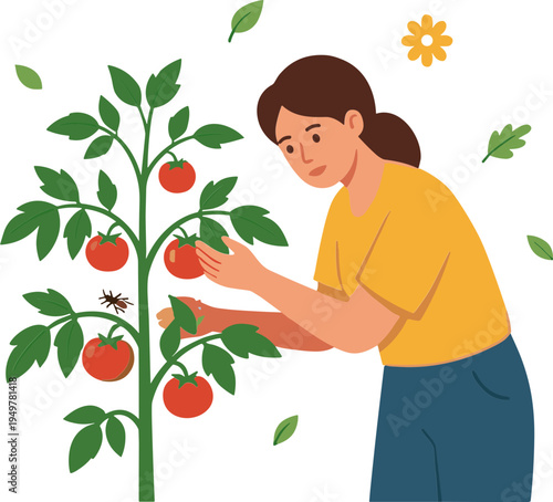 Woman carefully picking ripe tomatoes from a lush green plant outdoors