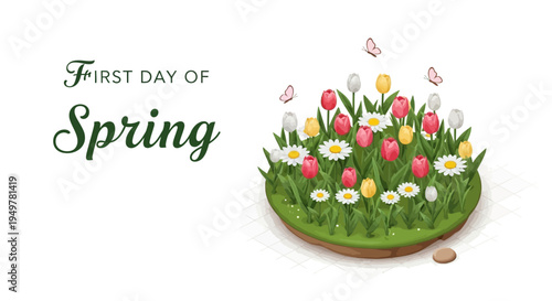 Illustration of blooming flowers and text 'First Day of Spring' on a green grassy background with a fresh spring landscape and floral design elements.