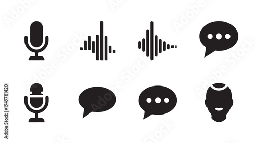 A collection of chat and voice icons featuring microphones and speech bubbles on a white background.