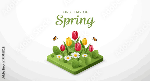 Illustration of a blooming spring floral background with colorful tulips and daisies on a green patch of land, symbolizing the start of spring season with a fresh landscape.