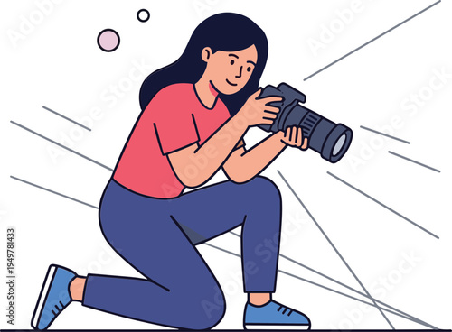 Woman kneeling down taking photos with a camera outdoors in daytime