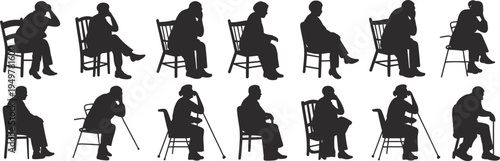 Collection of elderly people silhouettes sitting on chairs with walking canes, thoughtful senior citizens poses, aging concept, retirement lifestyle illustration isolated on light background