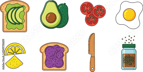 Healthy Breakfast Ingredient and Toast Topping Icon Collection Featuring Avocado Toast, Tomato Slices, Fried Egg, Lemon, Jam Bread and Kitchen Knife