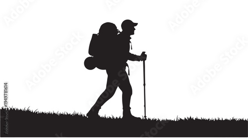 A hiker walks on grassy terrain with a backpack and trekking pole.