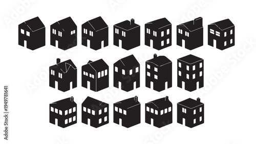 A collection of various houses and buildings are arranged in rows on a plain surface.