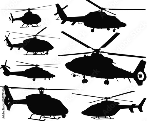 Collection of helicopter silhouettes featuring multiple military and civilian rotorcraft side views isolated on white background, aviation transport aircraft vector illustration set bundle