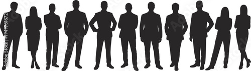 Corporate business people silhouettes standing together, professional men and women team group poses, leadership workplace concept, office employees illustration isolated background