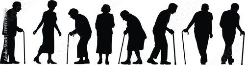 Elderly people silhouettes collection featuring senior men and women walking with canes, aging lifestyle concept isolated on white background, retirement vector set