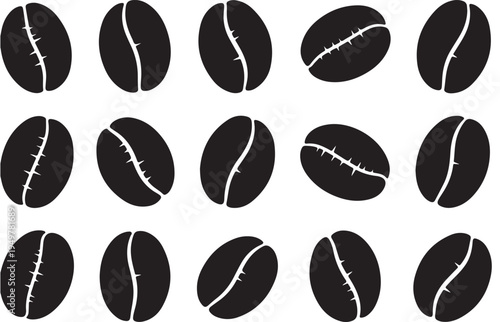 A collection of coffee beans are arranged in rows on a white surface.