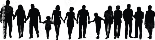 Family members silhouettes holding hands together, parents and children standing in row, unity love support concept, diverse people group isolated on light background