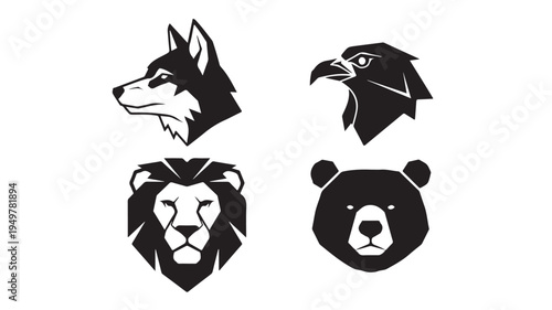Four animal heads illustrated in black and white on a plain background