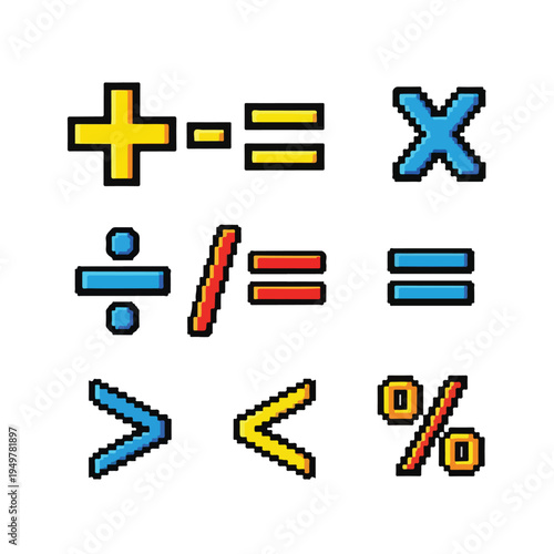 Colorful pixel art math symbols isolated on white