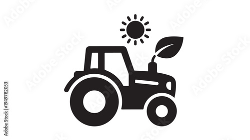A tractor drives through a sunny field with a leafy plant and sun overhead.