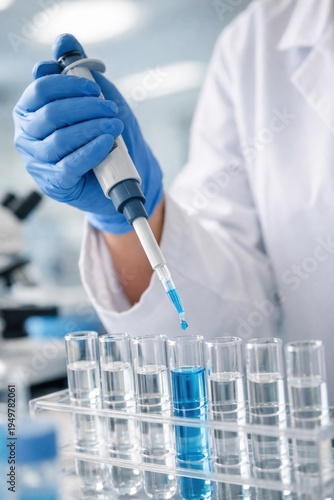 Scientist in lab coat uses pipette to transfer blue liquid into glass test tubes in modern laboratory