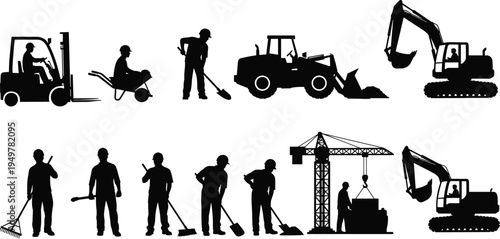 Construction workers and heavy machinery silhouettes set including forklift, excavator, crane and loader with laborers using tools in industrial construction environment
