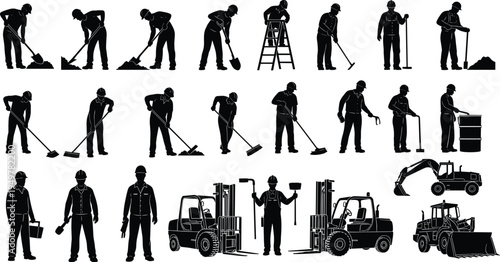 Construction workers and industrial machinery silhouettes collection including excavator, forklift, bulldozer and laborers using tools, construction workforce and heavy equipment set