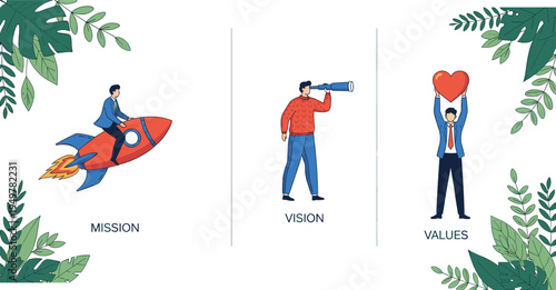 Business Infographic Illustrating Company Mission Vision and Values with Rocket Telescope and Heart Icons for Corporate Culture Strategy and Growth