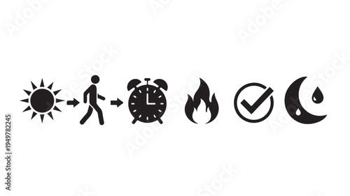 A person walks from sunlight to an alarm clock then fire and nighttime routine icons